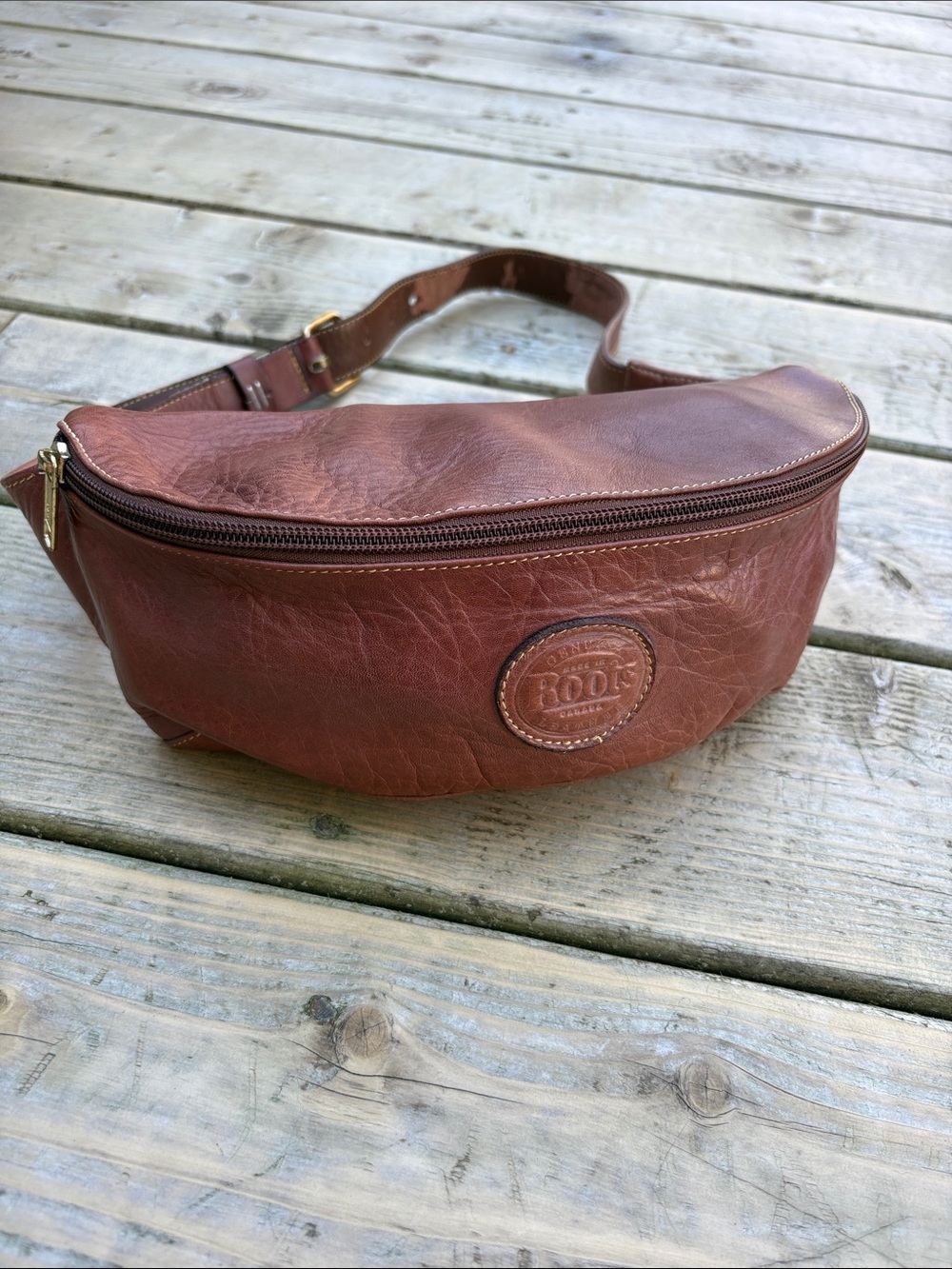 Roots Brown Leather Belt Bag with Embossed Logo size S/M